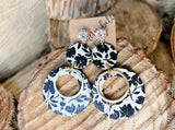 Black & White Floral Hoops + Gold Metal Accents + Rhinestone Stud Dangles